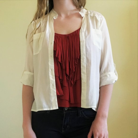 Sheer Cream Blouse with Pockets and Lace Detail - Picture 1 of 5